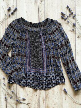 Lucky‎ Brand Womens S Peasant Top Boho Geometric Print Smocked Rayon